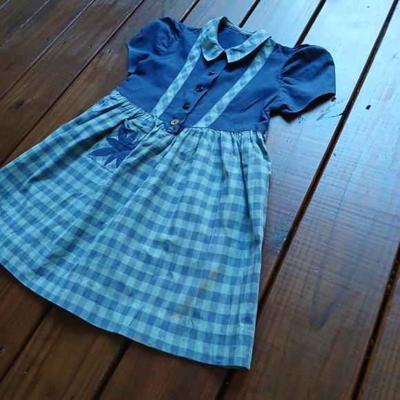 True vintage antique 1930's 30's baby toddler little girls blue plaid dress - Picture 4 of 8